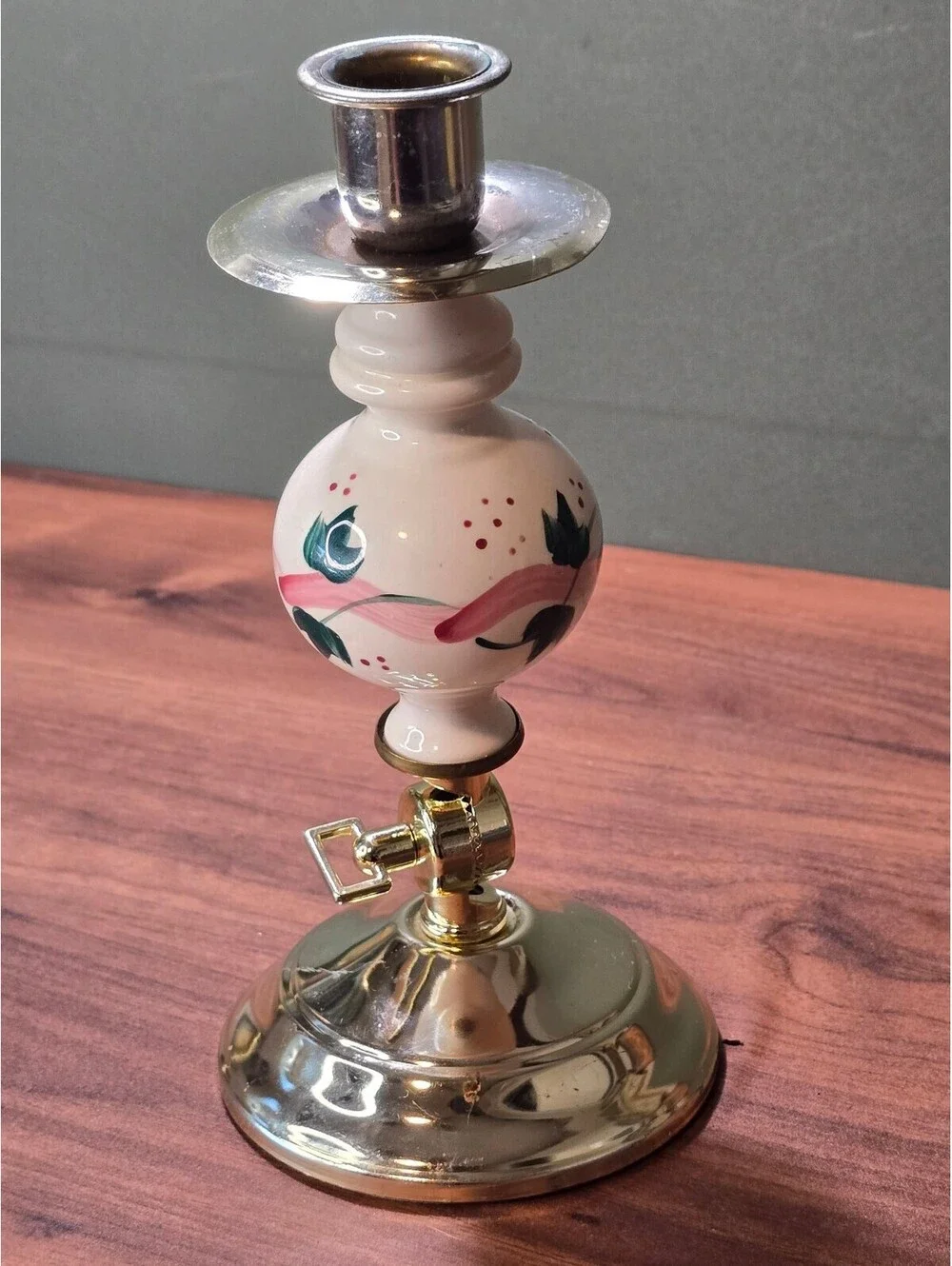 Vintage Homco Ivy and Ribbon Candlestick Brass Ceramic Convertible Sconce